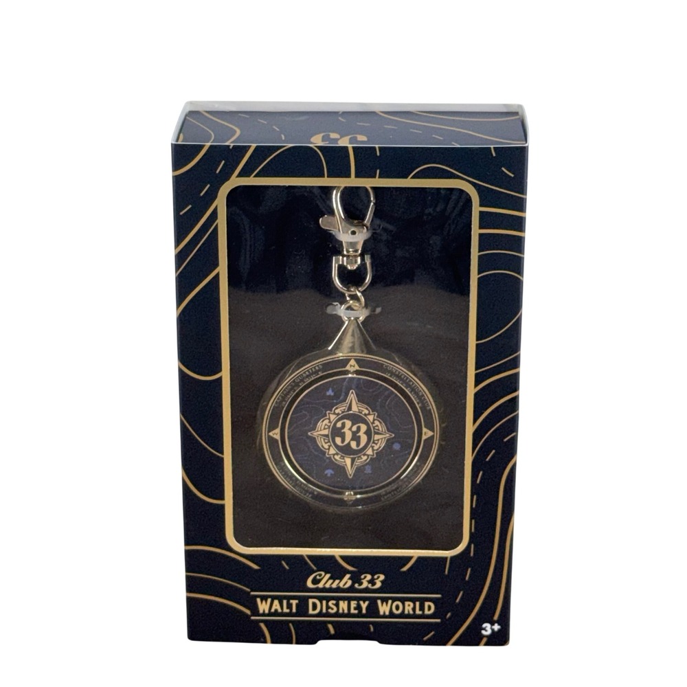 Disney Club 33 Walt Disney World Compass Keychain Gold Blue New in Box